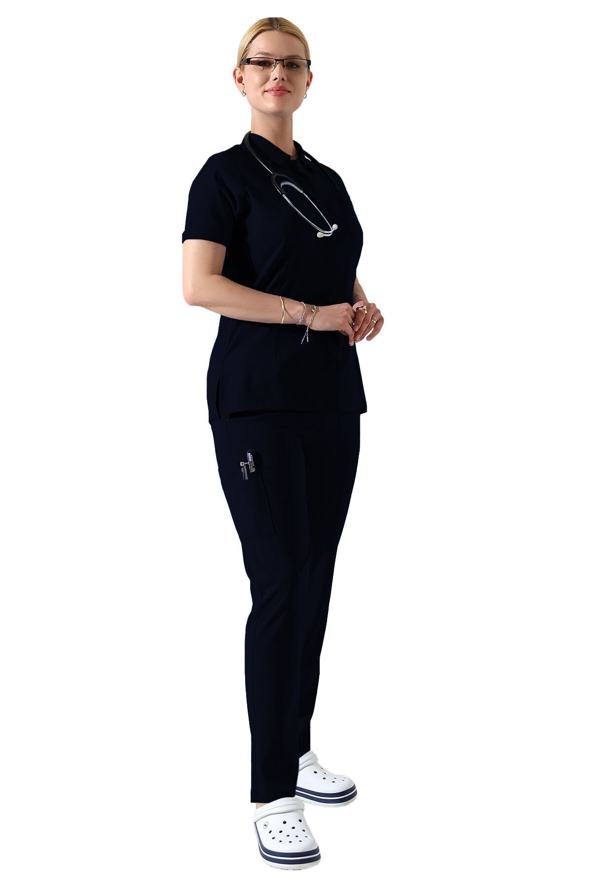 Lacivert Çıtçıtlı Polo Yaka Doktor hemşire Scrubs Takımı