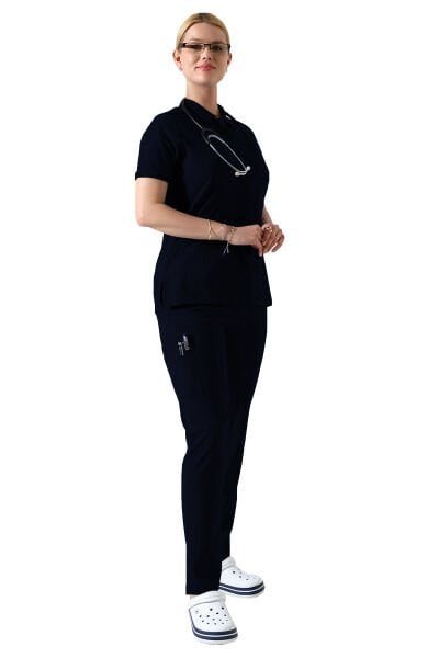 Lacivert Çıtçıtlı Polo Yaka Doktor hemşire Scrubs Takımı