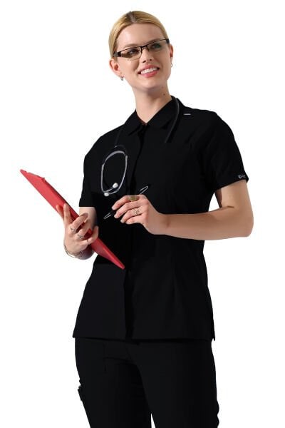 Siyah Çıtçıtlı Polo Yaka Doktor hemşire Scrubs Takımı