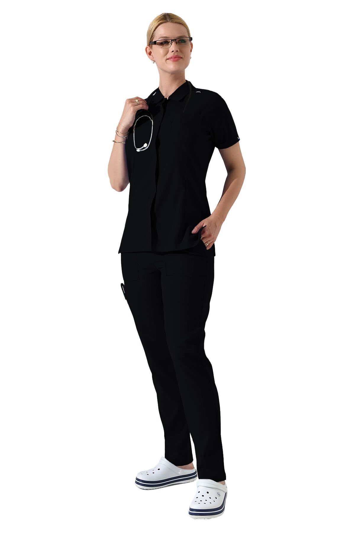 Siyah Çıtçıtlı Polo Yaka Doktor hemşire Scrubs Takımı