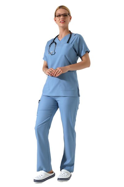 Açık Mavi Dr Greys V Yaka Yarasa Kol Kadın Scrubs Takımı, Büyük Beden Scrubs
