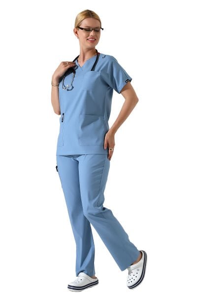 Açık Mavi Dr Greys V Yaka Yarasa Kol Kadın Scrubs Takımı, Büyük Beden Scrubs