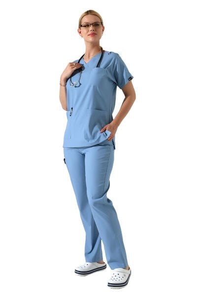 Açık Mavi Dr Greys V Yaka Yarasa Kol Kadın Scrubs Takımı, Büyük Beden Scrubs