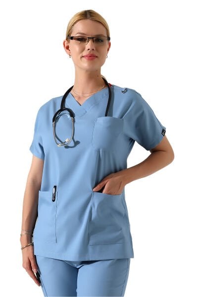 Açık Mavi Dr Greys V Yaka Yarasa Kol Kadın Scrubs Takımı, Büyük Beden Scrubs