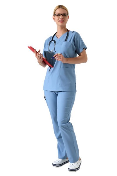Açık Mavi Dr Greys V Yaka Yarasa Kol Kadın Scrubs Takımı, Büyük Beden Scrubs