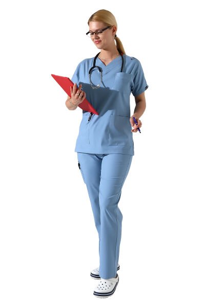 Açık Mavi Dr Greys V Yaka Yarasa Kol Kadın Scrubs Takımı, Büyük Beden Scrubs