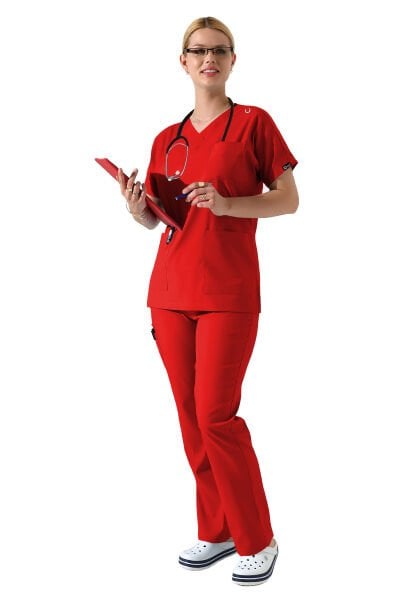 Kırmızı Dr Greys V Yaka Yarasa Kol Kadın Scrubs Takımı, Büyük Beden Scrubs