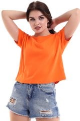 TURUNCU KISA KOLLU BOL KESİM BAYAN TİŞÖRT,CROP TİŞÖRT,BİSİKLET YAKA DÜZ RENK TİŞÖRT