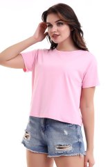 PEMBE KISA KOLLU BOL KESİM BAYAN TİŞÖRT,CROP TİŞÖRT,BİSİKLET YAKA DÜZ RENK TİŞÖRT