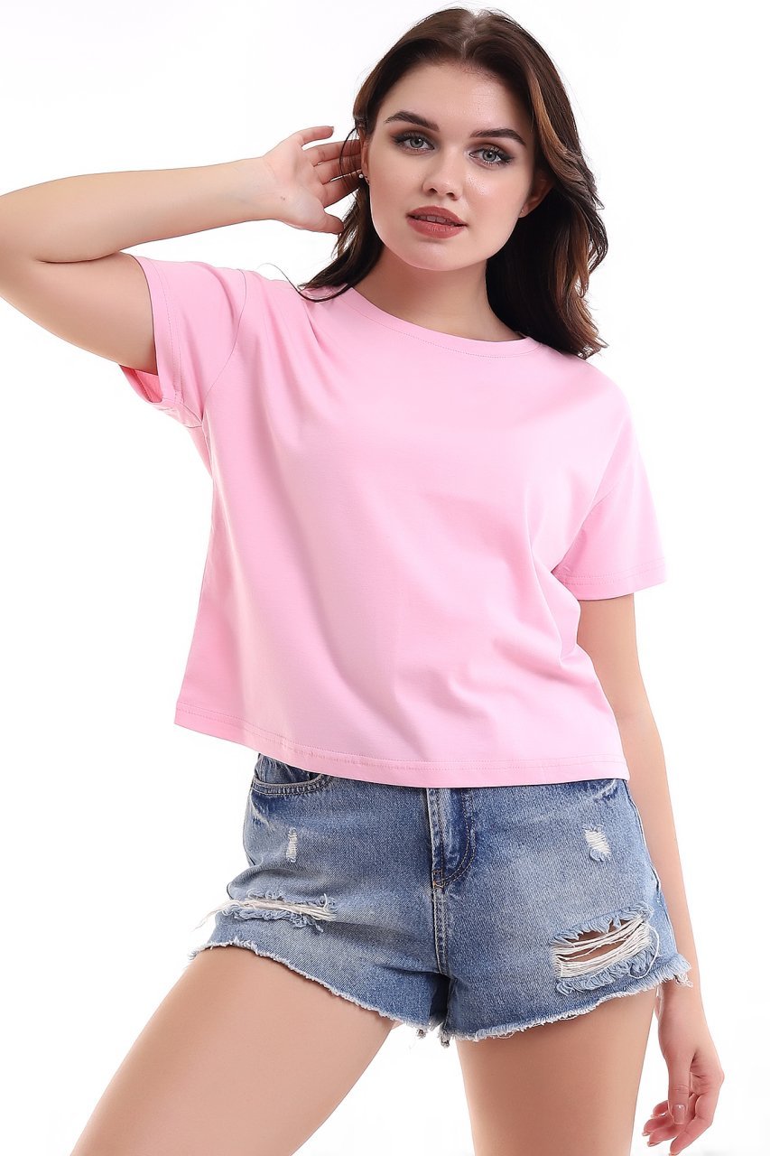 PEMBE KISA KOLLU BOL KESİM BAYAN TİŞÖRT,CROP TİŞÖRT,BİSİKLET YAKA DÜZ RENK TİŞÖRT