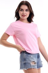 PEMBE KISA KOLLU BOL KESİM BAYAN TİŞÖRT,CROP TİŞÖRT,BİSİKLET YAKA DÜZ RENK TİŞÖRT