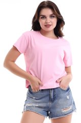 PEMBE KISA KOLLU BOL KESİM BAYAN TİŞÖRT,CROP TİŞÖRT,BİSİKLET YAKA DÜZ RENK TİŞÖRT