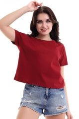 BORDO KISA KOLLU BOL KESİM BAYAN TİŞÖRT,CROP TİŞÖRT,BİSİKLET YAKA DÜZ RENK TİŞÖRT