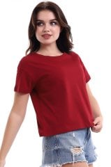 BORDO KISA KOLLU BOL KESİM BAYAN TİŞÖRT,CROP TİŞÖRT,BİSİKLET YAKA DÜZ RENK TİŞÖRT