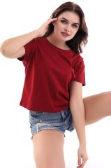 BORDO KISA KOLLU BOL KESİM BAYAN TİŞÖRT,CROP TİŞÖRT,BİSİKLET YAKA DÜZ RENK TİŞÖRT