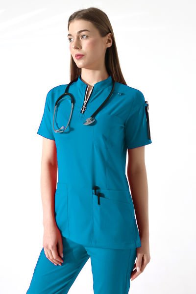 FERMUARLI MAVİ DOKTOR HEMŞİRE  ÜNİFORMA TAKIMI KADIN