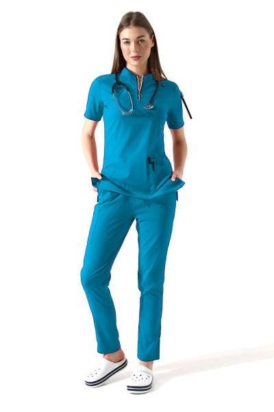 FERMUARLI MAVİ DOKTOR HEMŞİRE  ÜNİFORMA TAKIMI KADIN