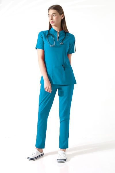 FERMUARLI MAVİ DOKTOR HEMŞİRE  ÜNİFORMA TAKIMI KADIN