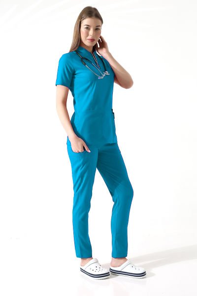 FERMUARLI MAVİ DOKTOR HEMŞİRE  ÜNİFORMA TAKIMI KADIN