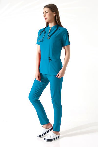 FERMUARLI MAVİ DOKTOR HEMŞİRE  ÜNİFORMA TAKIMI KADIN
