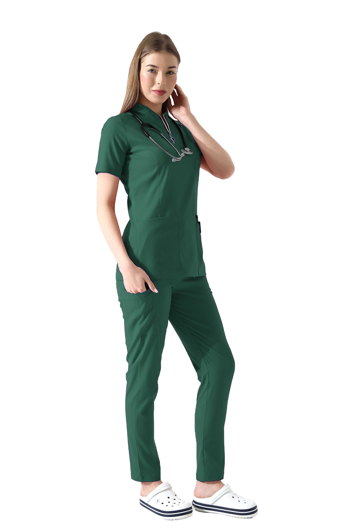 LİKRALI FERMUARLI YEŞİL KADIN SCRUBS FORMA TAKIMI