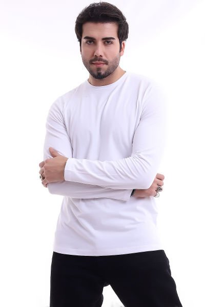 UZUN KOLLU BİSKLET YAKA BEYAZ ERKEK TİŞÖRT