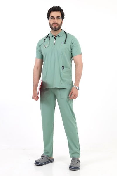 Mint Yeşili Likralı Polo Yaka Fermuarlı Erkek Doktor Hemşire Üniforma Takımı