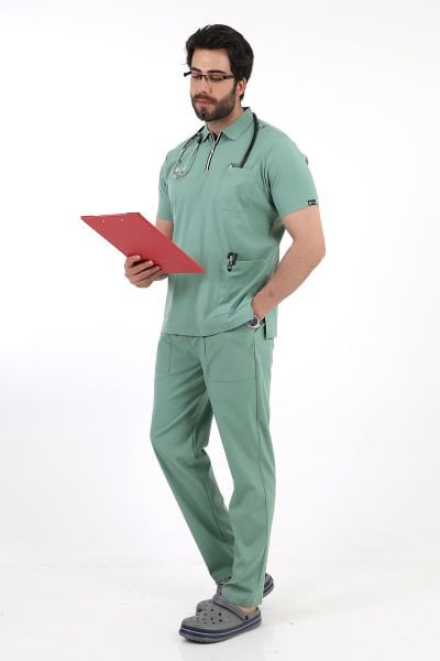 Mint Yeşili Likralı Polo Yaka Fermuarlı Erkek Doktor Hemşire Üniforma Takımı
