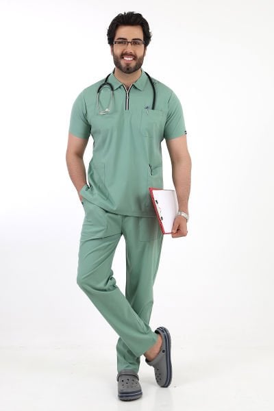 Mint Yeşili Likralı Polo Yaka Fermuarlı Erkek Doktor Hemşire Üniforma Takımı