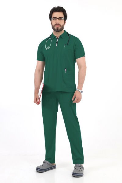 Yeşil Fermuar Detaylı Polo Yaka Erkek scrubs Takım
