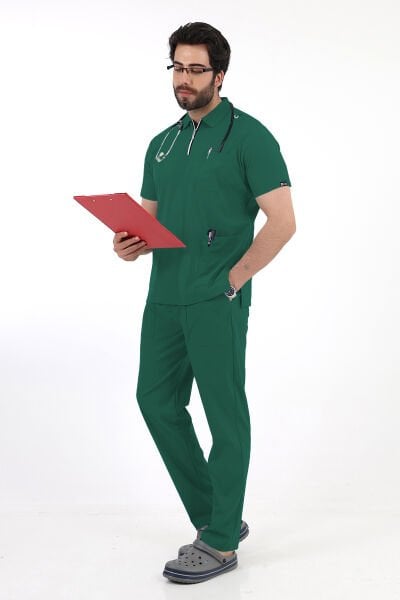 Yeşil Fermuar Detaylı Polo Yaka Erkek scrubs Takım