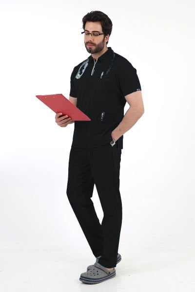 Siyah Fermuarlı Likralı Erkek Scrubs Takımı